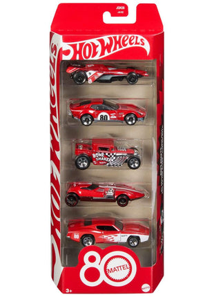 Hot Wheels Toy Cars, 5-Pack of 1:64 Scale Toy Cars with Collectible Deco & Packaging, Core Mattel 80th Anniversary Set of 5 Vehicles