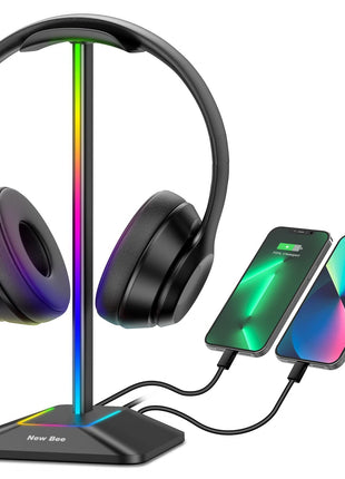 New Bee Headphone Stand with RGB Lighting, Sturdy Aluminum Gaming Headset Holder with USB-C & USB Charging Ports, Stable Desktop Earphone Stand for All Headphones Size, Black