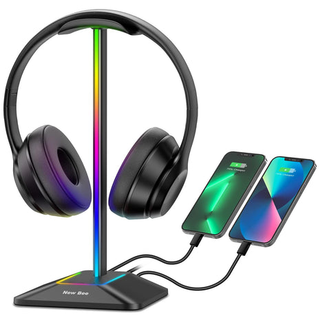 New Bee Headphone Stand with RGB Lighting, Sturdy Aluminum Gaming Headset Holder with USB-C & USB Charging Ports, Stable Desktop Earphone Stand for All Headphones Size, Black