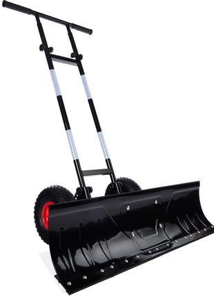 Best Choice Products 36in Heavy-Duty 2-Wheel Snow Pusher Hand Plow for Snow Removal w/Wheels, Adjustable Handle, Blade Angle, Reflective Tape - Black