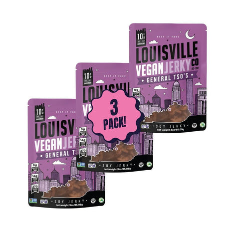 Louisville Vegan Jerky - General Tso's Vegan and Vegetarian Meat - Lip-Smacking Vegan-Friendly & Vegetarian Jerky - Non-GMO 14 Grams Soy Protein, Gluten-Free Low Fat High Protein Vegan Snacks - 3 oz, 3 Pack