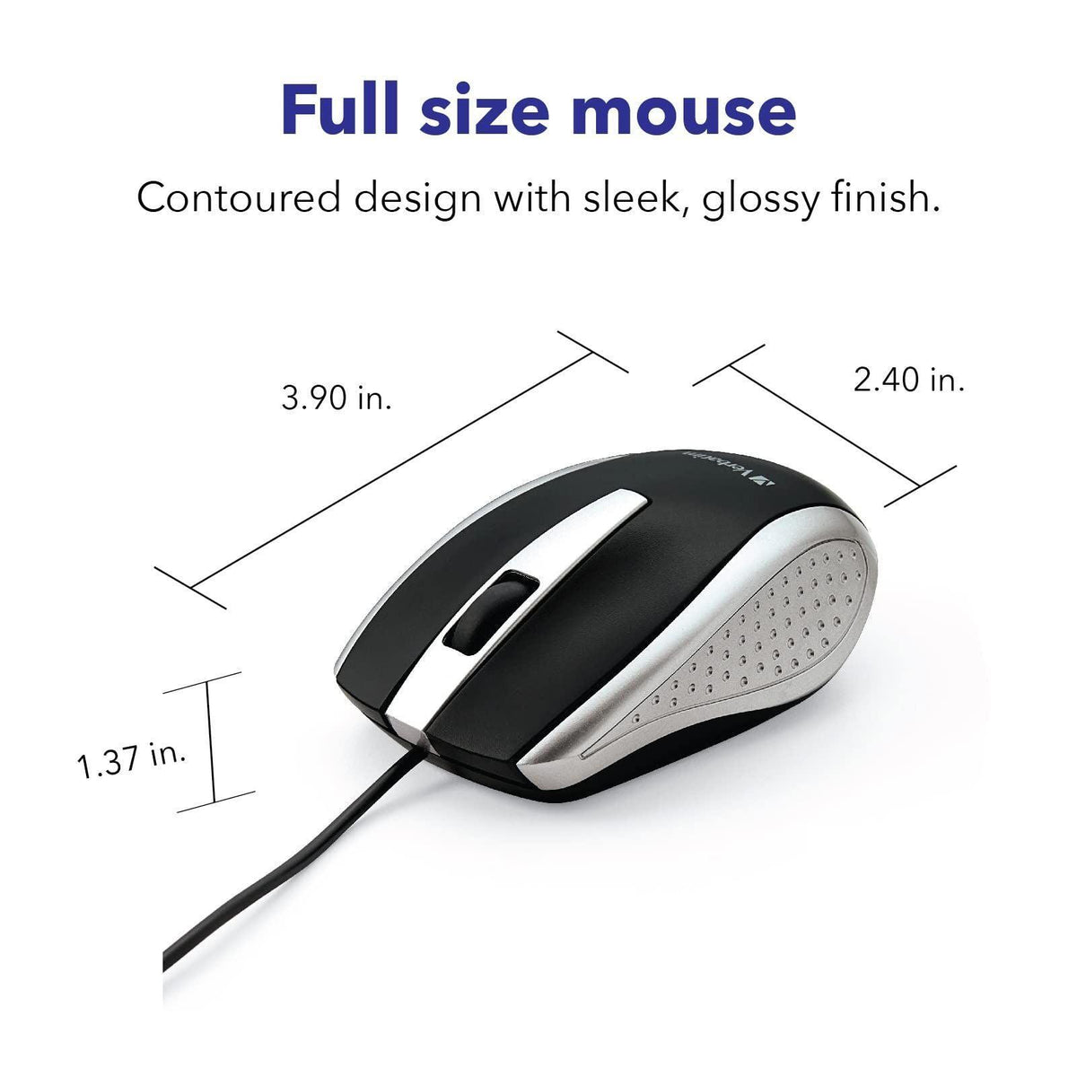 Verbatim Wired USB Computer Mouse - Corded USB Mouse for Laptops and PCs - Right or Left Hand Use, Silver 99741 1.4" x 2.4" x 3.9"