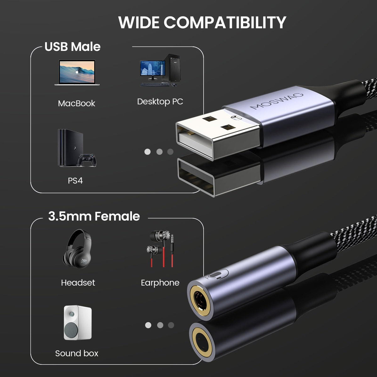 MOSWAG USB to Audio Jack Adapter 0.65Feet/20cm, External Sound Card Jack Audio Adapter with 3.5mm Aux Stereo Converter Compatible with Headset, PC, Laptop, Linux, Desktops, PS4 and More Device