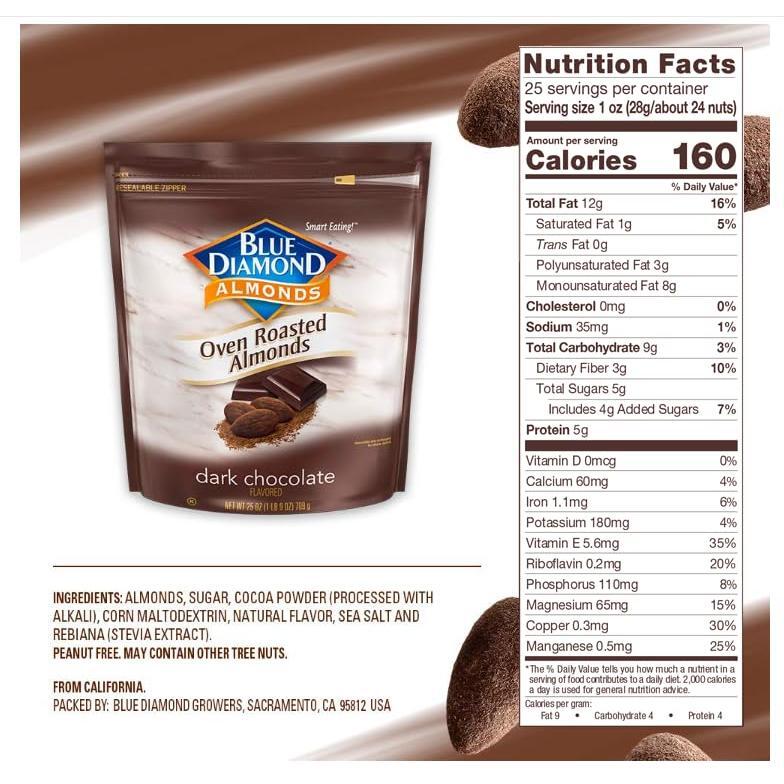 Blue Diamond Almonds Oven Roasted Dark Chocolate Flavored Snack Nuts, 25 Oz Resealable Bag (Pack of 1)
