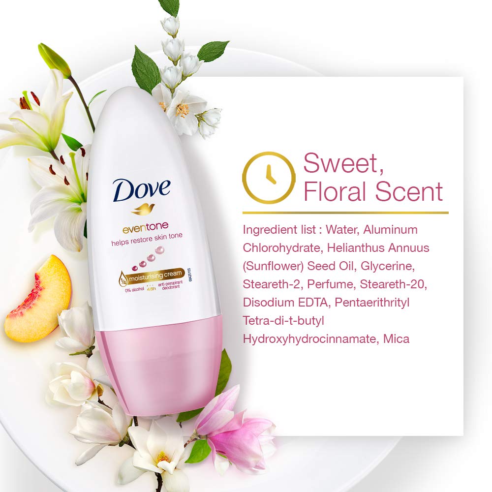 Dove Eventone Deodorant Roll On For Women, Antiperspirant Underarm Roll On Removes Odour, Keeps Skin Fresh & Clean, Alcohol Free, Paraben Free, 50 ml