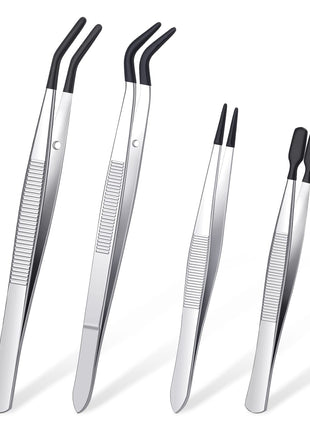 DragonflyDreams 4 Pieces Tweezers with Rubber PVC Coated Set, Straight Tip Tweezers Rubber Flat Tip Long Bent Tweezer for Crafts Stamps Beads Jewelry Tools (Rubber Tweezer)