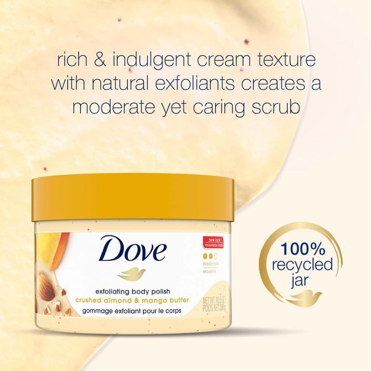 Dove Exfoliating Body Polish Scrub for Dry Skin with Crushed Almond and Mango Butter, Gently Exfoliates and Moisturizes to Reveal Instantly Soft, Smooth & Healthy Skin, Naturally Derived Ingredients, Sulfate-Free, Fruity Scent, 298g