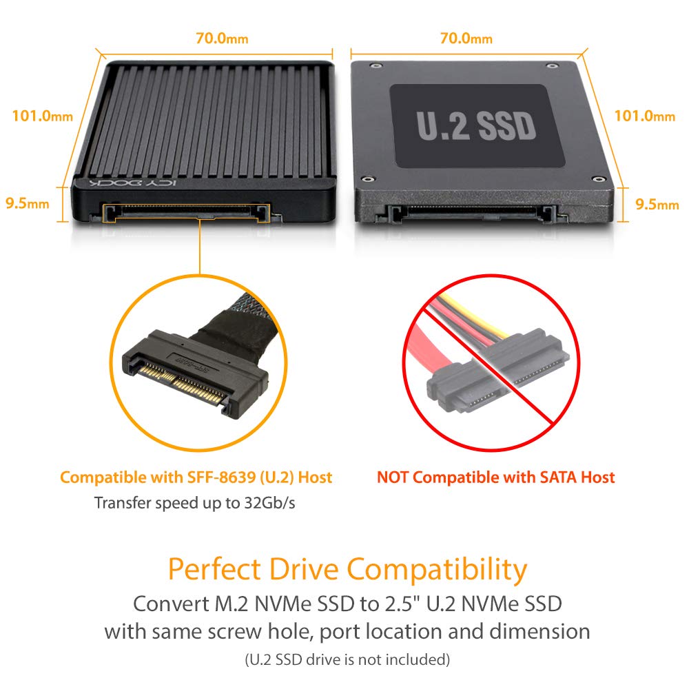 ICY DOCK M.2 PCIe 3.0/4.0 NVMe SSD to 2.5" U.2 SSD Converter / Mounting Adapter with Heatsink | EZConvert MB705M2P-B