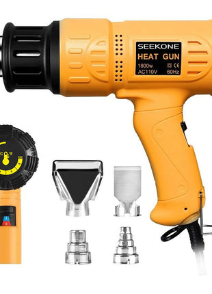 SEEKONE 1800W Heat Gun Variable Temp 122°F-1202°F for Crafts, Shrink Wrap | Fast Heating 122°F-1202°F, Dual Airflow, Overheat Protection, 4 Nozzles for Shrink Tubing, Paint Removal and 3D Printing