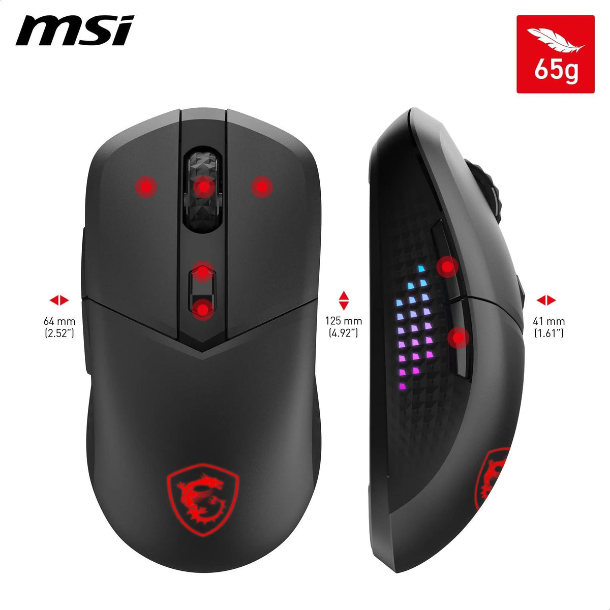 MSI VERSA 300 ELITE WIRELESS Gaming Mouse - 26000 DPI Optical Sensor, 1000 Hz polling rate, Symmetrical, 60M+ Click OMRON Switches, 6 Buttons, 200-Hour Battery, 1ms Latency, RGB, 65g - Wired/Wireless