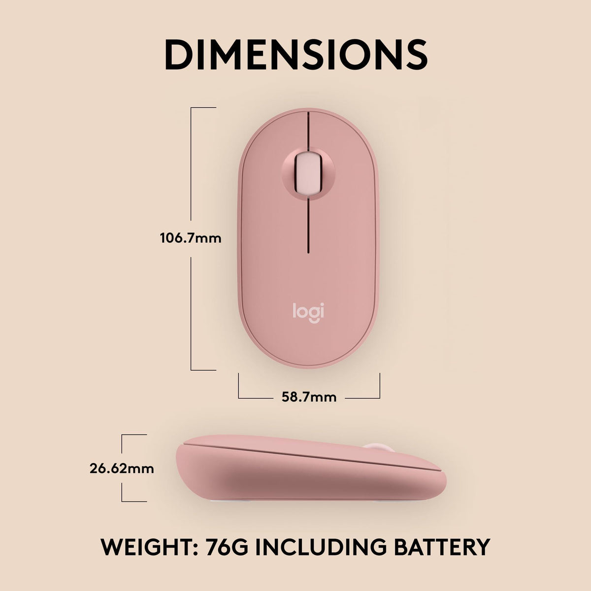 Logitech Pebble Mouse 2 M350s Slim Bluetooth Wireless Mouse, Portable, Lightweight, Customizable Button, Quiet Clicks, Easy-Switch for Windows, macOS, iPadOS, Android, Chrome OS - Tonal Rose