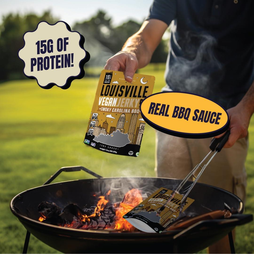 Louisville Vegan Jerky - Sweet & Smoky Carolina Mustard BBQ Vegan Meat - Lip-Smacking Vegan-Friendly & Vegetarian Jerky - Non-GMO Soy Protein, Gluten-Free High Protein Vegan Snacks (3oz)