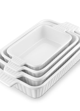 MALACASA Casserole Dishes for Oven, Ceramic Baking Dishes Set of 4, White | Rectangular Deep Lasagna Pans with Handles for Roasting Vegetable, Cake, Durable Bakeware, Wedding Gift(9.4/11.1/12.2/14.7")
