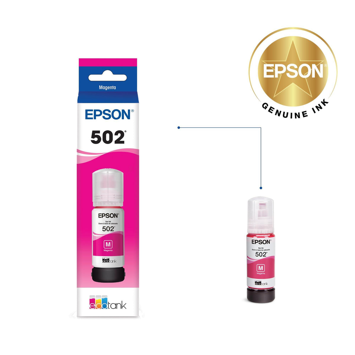 EPSON 502 EcoTank Ink Ultra-high Capacity Bottle Magenta Works with ET-2750, ET-2760, ET-2850, ET-3750, ET-3760, ET-3850, ET-4850, and other select EcoTank models, Magenta