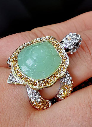 HUKQBUNX 925 Sterling Silver Shiny Natural Ice Jade Cute Little Turtle Innovative Design Beach Wave Vacation Wave Ocean Lover Ring Women's Precious Ring Jewelry-Making-Patterns