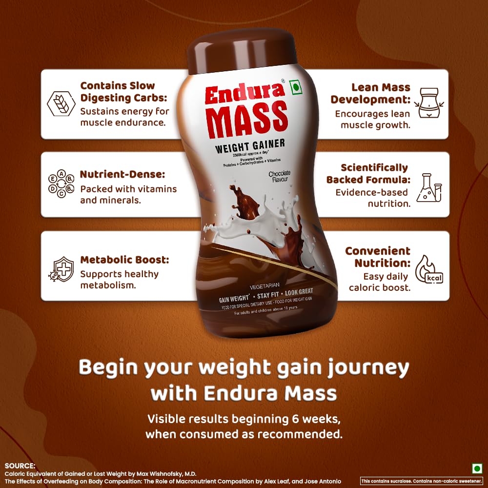 Endura Mass Weight Gainer Powder 500 G Chocolate Flavour | Unique Blend Of 3 Sources Of Protein, Carbs, Vitamins & Essential Minerals | Ideal For Children Above 10 Years, Men, Women & Athletes