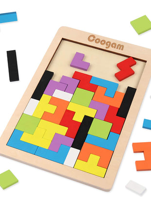 Coogam Wooden Blocks Puzzle Brain Teasers Toy Tangram Jigsaw Intelligence Colorful 3D Russian Blocks Game STEM Montessori Educational Gift for Kids (40 Pcs) | Wooden Puzzle Box Brain Game Building Block Intelligence Educational Gift for Toddlers