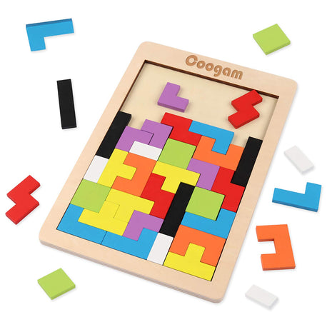 Coogam Wooden Blocks Puzzle Brain Teasers Toy Tangram Jigsaw Intelligence Colorful 3D Russian Blocks Game STEM Montessori Educational Gift for Kids (40 Pcs) | Wooden Puzzle Box Brain Game Building Block Intelligence Educational Gift for Toddlers