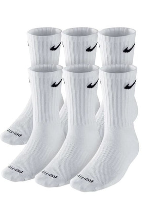 NIKE Dri-FIT Cushion Crew Training Socks (6 Pair) White With Traditional Black Swoosh Logo ADULT LARGE 8-12 UNISEX