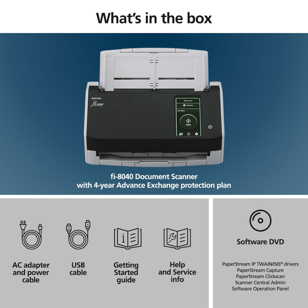RICOH fi-8040 Premium Fast Front Office & Desktop Document, Receipt, ID Card Scanner with 50 Page Auto Feeder and PC-Less DirectScan Network Scanning Capability with 4-Year Advance Exchange Warranty