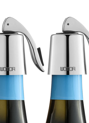 WOTOR Stainless Steel Wine Bottle Stoppers with Silicone   Reusable Wine Saver and Decorative Bottle Sealer, Leakproof, Keep Fresh, Silver, 2 Pack