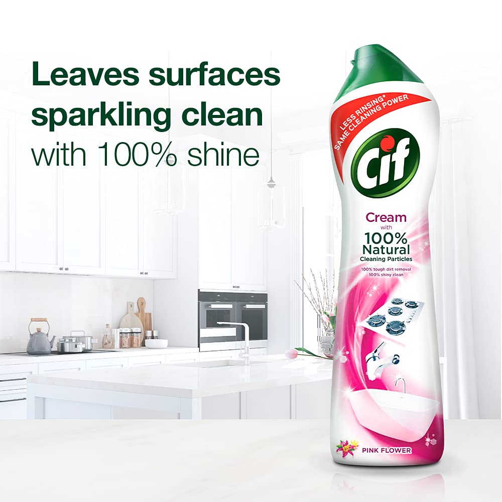 Cif Pink Multi Purpose Surface Cleaner Cream with Floral Fragrance, Removes Grease & Dirt wth Natural Cleaning Particles for Shiny Surface, 2x500ml