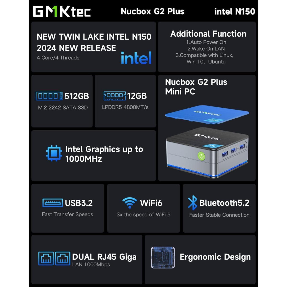 GMKtec Mini PC Intel N150(Turbo 3.6GHz) 12GB DDR5 512GB SSD Dual LAN, Desktop Mini Computer 4K Triple Display, WiFi6, BT5.2, Energy Efficient Nucbox G2 Plus