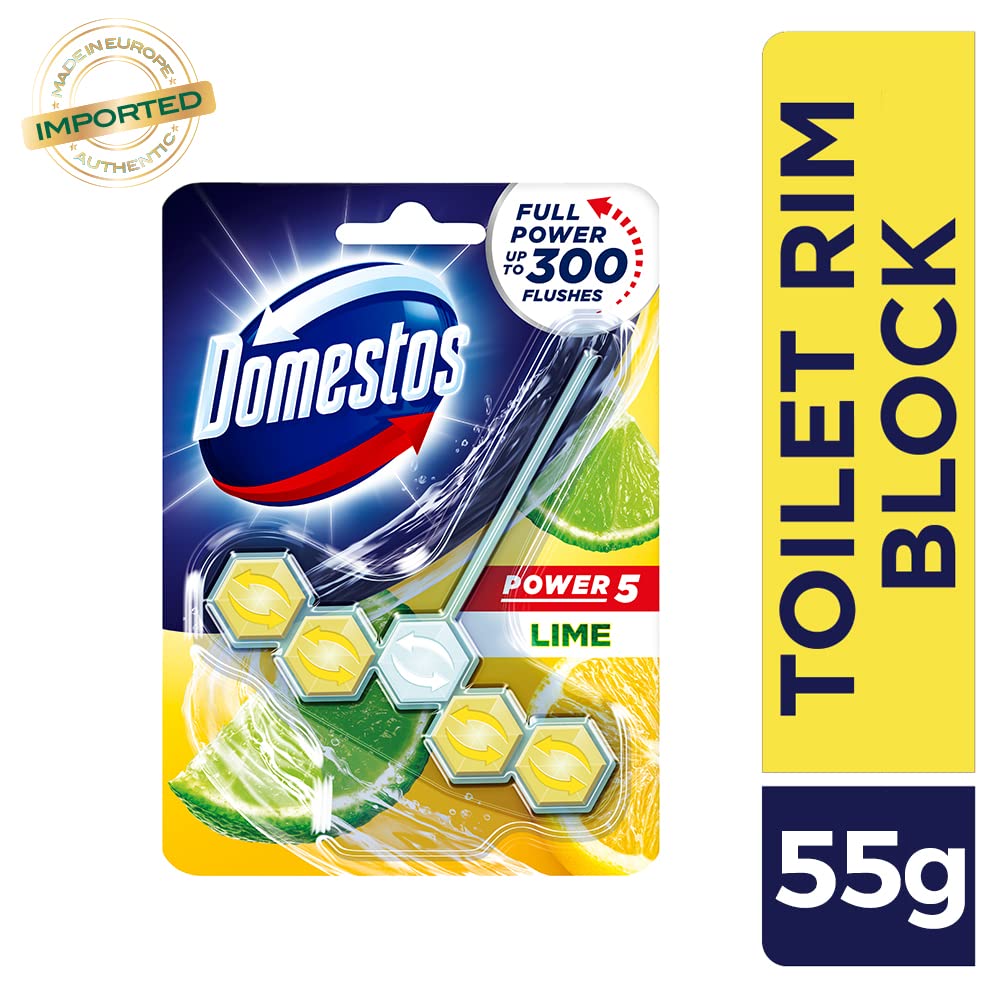 Domestos Power 5 Toilet Rim Block, Lime, Limescale Removal with Long Lasting Fragrance, Provides Hygiene & Shine, 55 gm (Pack Of 2)