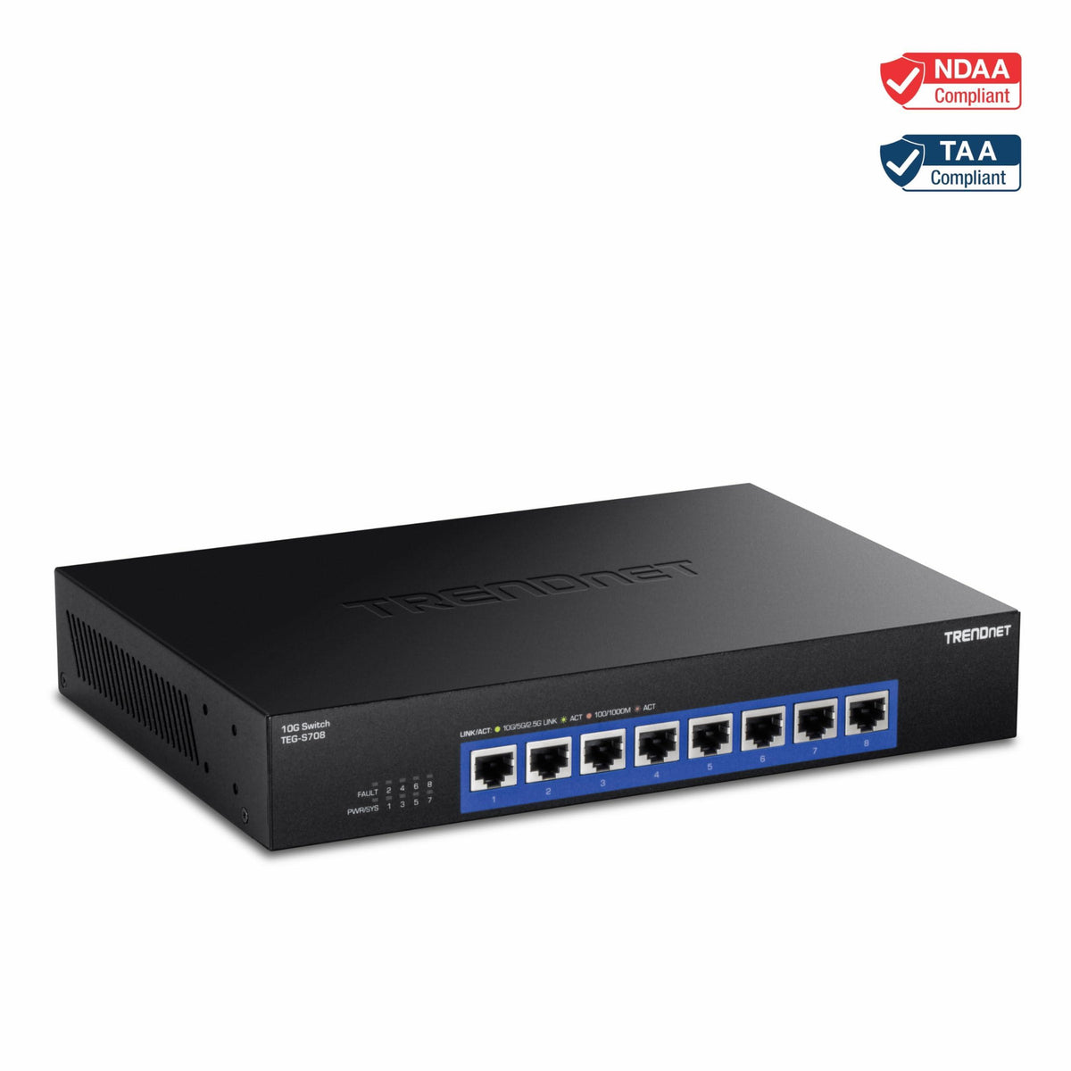 TRENDnet 8-Port 10G Switch, TEG-S708, 8 x 10G RJ-45 Ports, 160Gbps Switching Capacity Rack mountable, Ethernet Splitter, NDAA & TAA Compliant, Lifetime Protection, Black