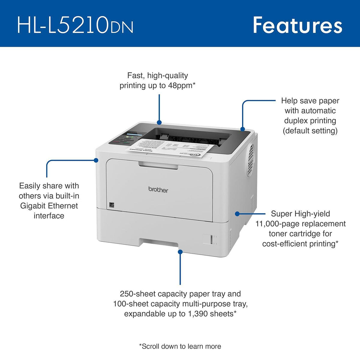 Brother HL-L5210DN Business Monochrome Laser Printer with Duplex Printing, Versatile Paper Handling, Mobile Printing, and Gigabit Ethernet Networking, Works with Alexa