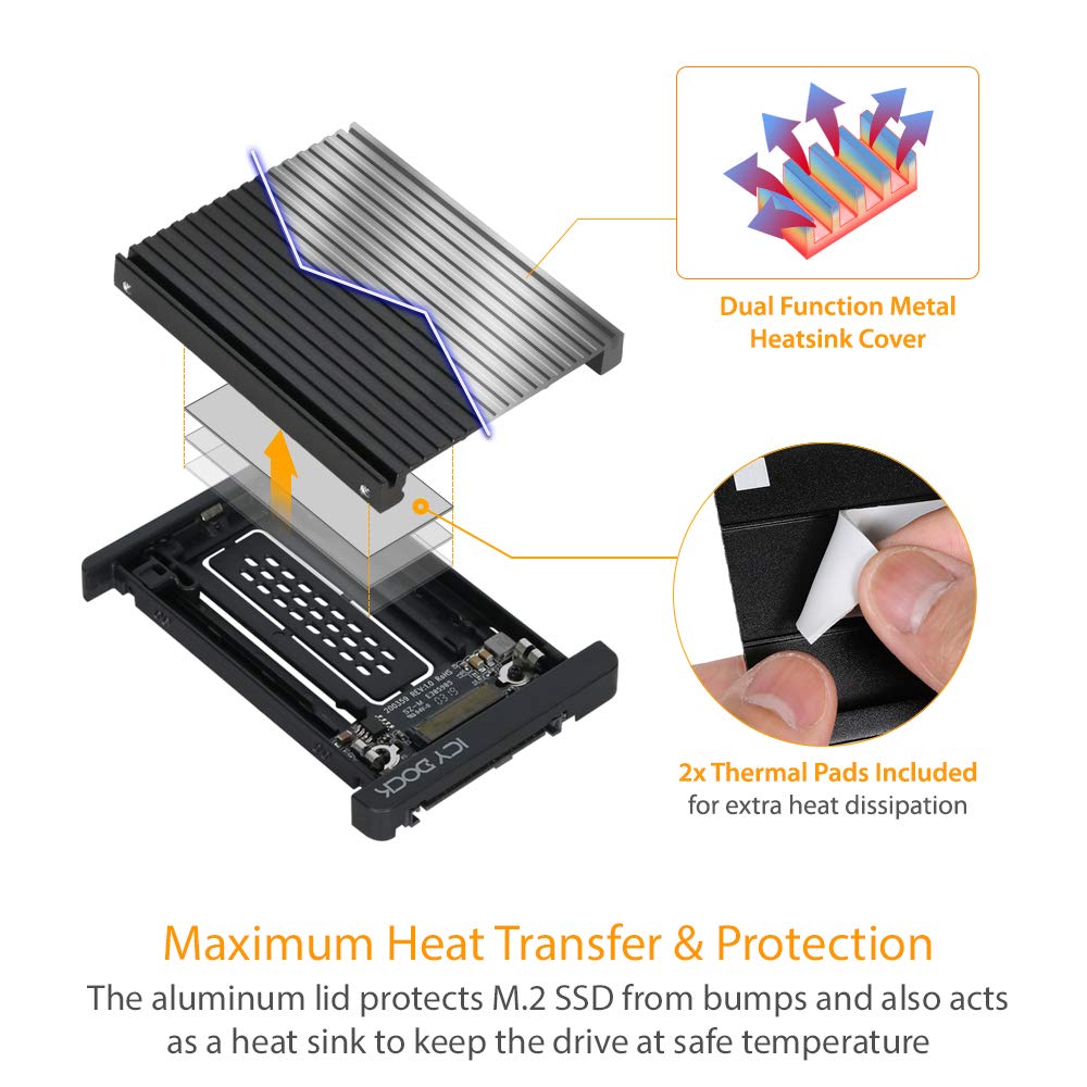 ICY DOCK M.2 PCIe 3.0/4.0 NVMe SSD to 2.5" U.2 SSD Converter / Mounting Adapter with Heatsink | EZConvert MB705M2P-B