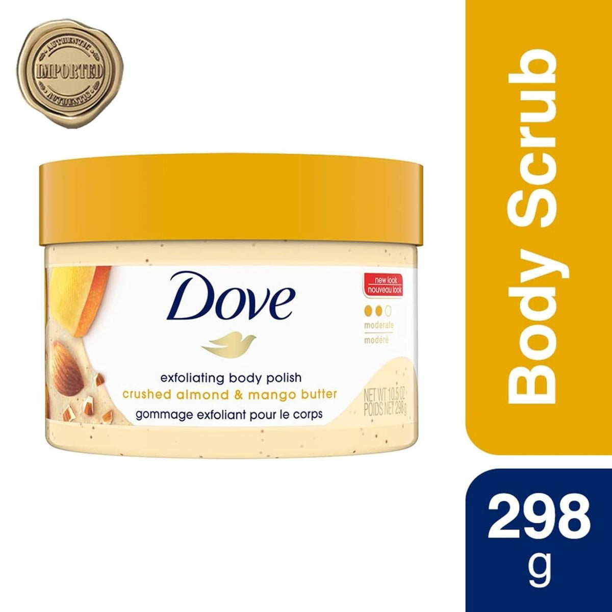 Dove Exfoliating Body Polish Scrub for Dry Skin with Crushed Almond and Mango Butter, Gently Exfoliates and Moisturizes to Reveal Instantly Soft, Smooth & Healthy Skin, Naturally Derived Ingredients, Sulfate-Free, Fruity Scent, 298g