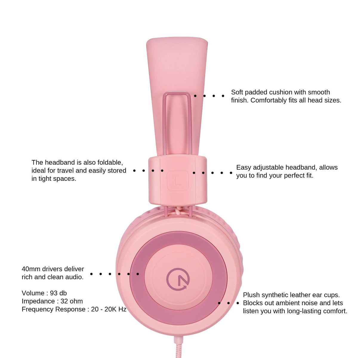 noot products Kids Headphones K11 Foldable Stereo Tangle-Free 5ft Long Cord 3.5mm Jack Plug in Wired On-Ear Headset for iPad/Girls/Boys/School/Laptop/Travel/Plane/Tablet-Soft Pink