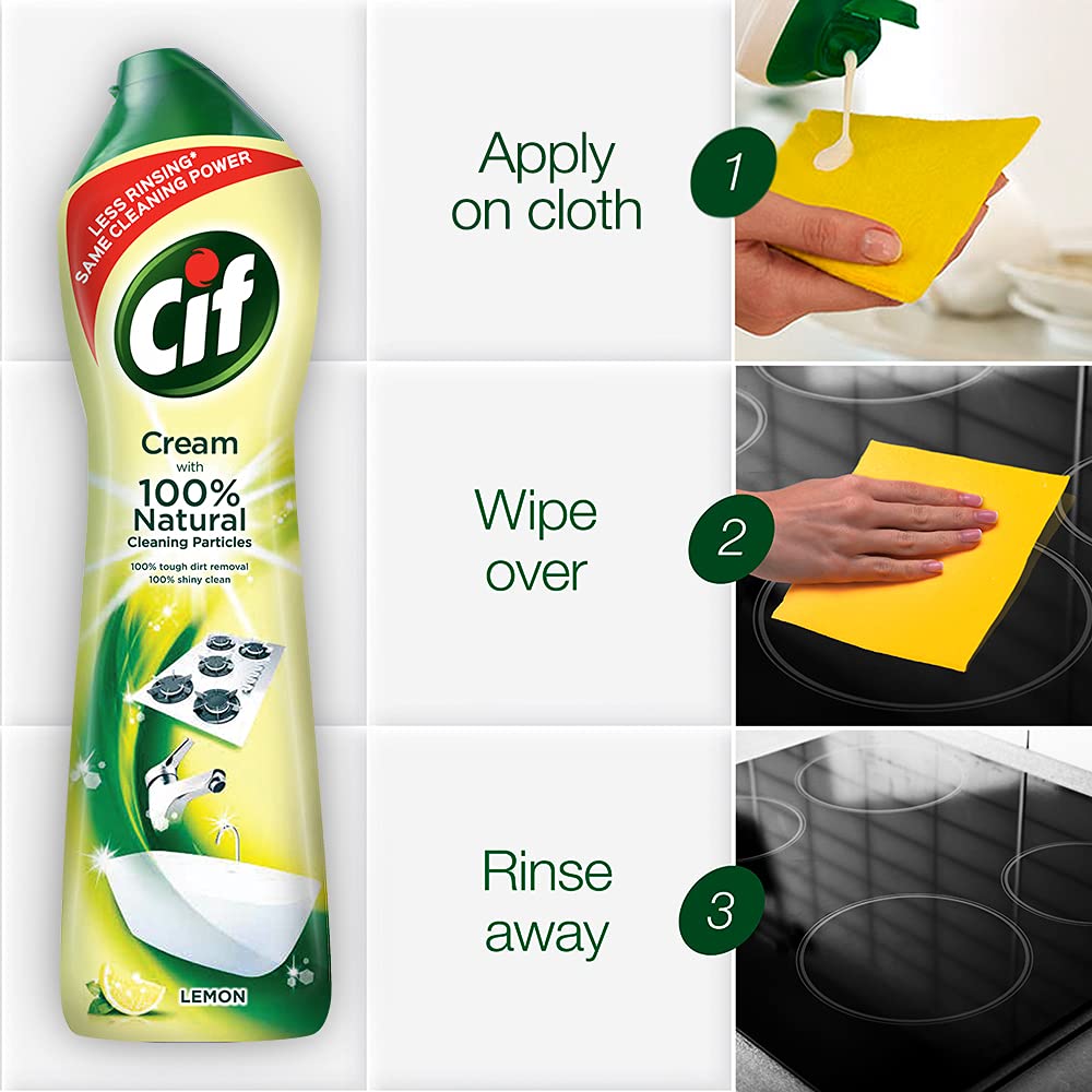 Cif Lemon Abrasive Surface Cleaner Cream for Kitchen & Bathroom, Removes Grease, Dirt & Tough Stains with Natural Cleaning Particles, 2x500ml