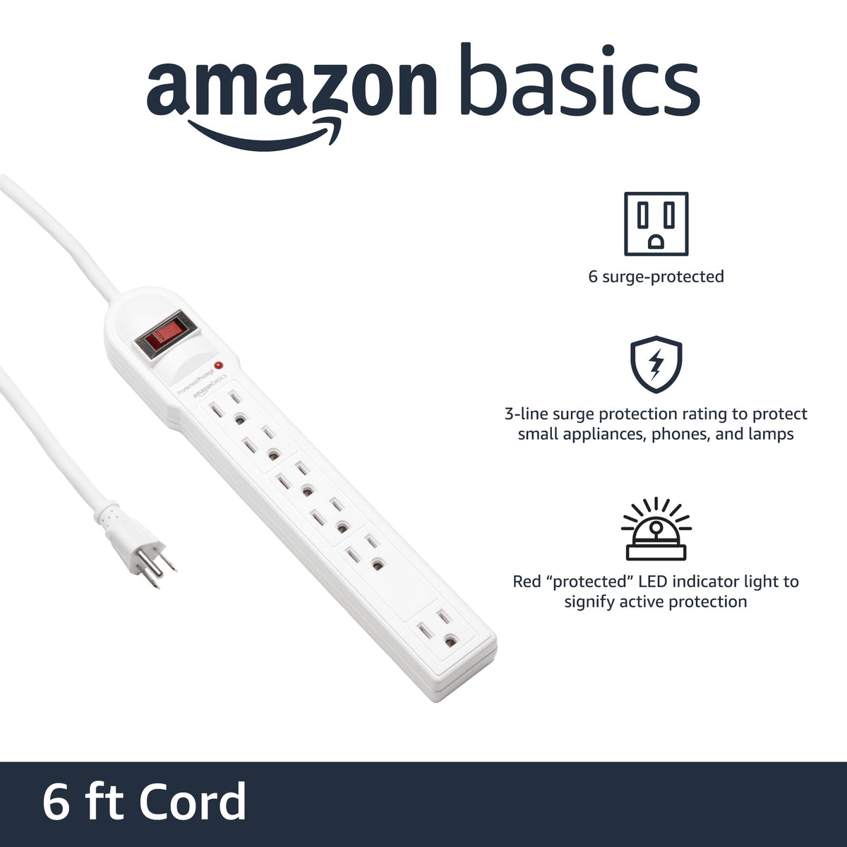 Amazon Basics Surge Protector Power Strip, 6-Outlet, 790 Joules, LED Indicator, 6ft Extension Cord, White