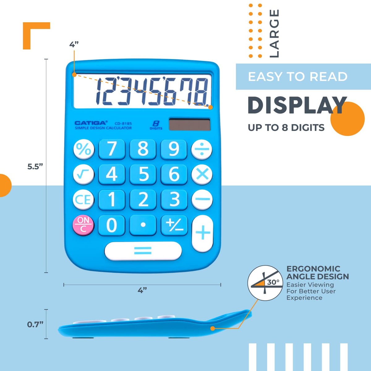 CATIGA Desktop Calculator 8 Digit with Solar Power and LCD Display, Big Buttons, for Home, Office, School, Class and Business, 4 Function Small Basic Calculators for Desk, CD-8185