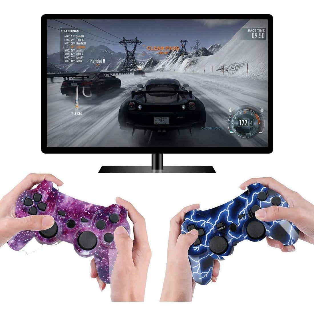 Burcica Wireless Controller for PS-3 Motion Sense Double Vibration Upgraded Gaming Remote for Play 3 with Charging Cord (Transparent Green and Transparent Blue)