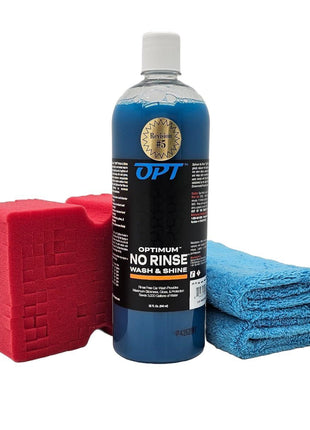 Optimum No Rinse Version 5 (32 Oz), Microfiber Drying Towel, and Big Red Sponge (BRS) Car Cleaning Kit, ONR Rinseless Car Wash, Drying Towel, and Wash Sponge for Washing and Auto Detailing