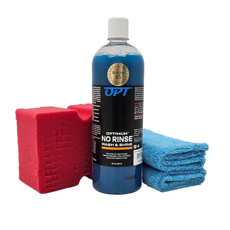Optimum No Rinse Version 5 (32 Oz), Microfiber Drying Towel, and Big Red Sponge (BRS) Car Cleaning Kit, ONR Rinseless Car Wash, Drying Towel, and Wash Sponge for Washing and Auto Detailing