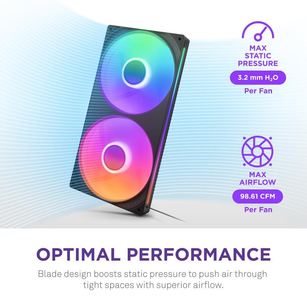 NZXT F280 RGB Core - 280mm Single-Frame Fan Unit with 2 x 140mm RGB Fans - Speed & Lighting Control - High Static Pressure & Airflow - Fluid Dynamic Bearings - 8 aRGB LEDs Per Fan - Black