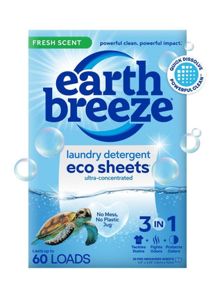 Earth Breeze Laundry Detergent Sheets Fresh Scent   60 Loads Eco Liquidless Soap   Travel Friendly for Hot & Cold Cycles, Tackles Tough Stains & Odors   Gentle on Skin, 30 Ct