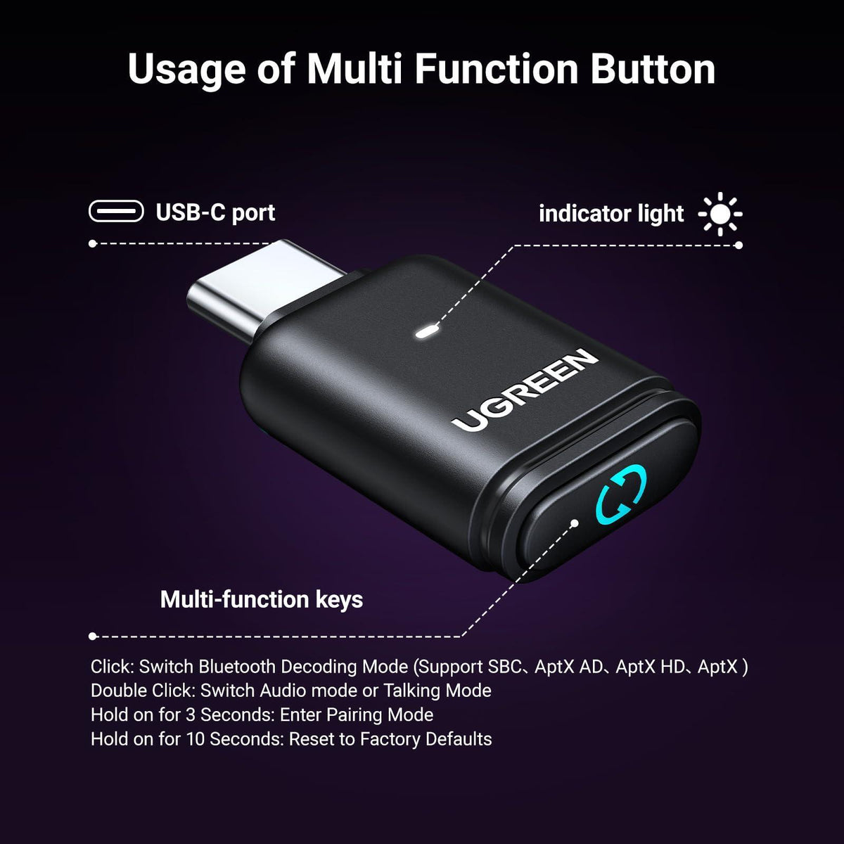 UGREEN USB-C Bluetooth Adapter for PS5, Bluetooth 5.3 Audio Adapter with APTX Low Latency & aptX-Adaptive, Wireless Audio Transmitter to Connect Wireless Headphones & Earbuds