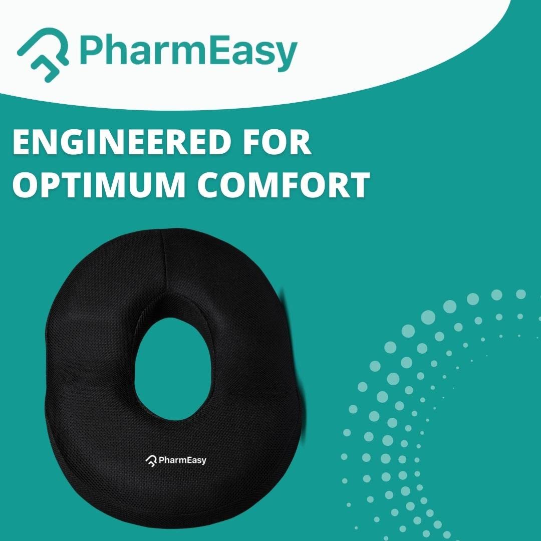 PharmEasy Essentials Premium Orthopaedic Coccyx Donut Piles Pillow Seat Cushion for Lower Back Pain, Sciatica, Tailbone, Lumbar Pain Relief (17" x 14" x 2.5) Black