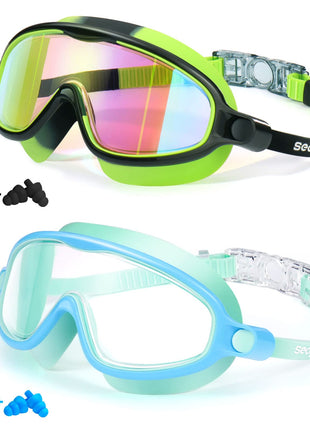 Seago Swim Goggles 2 Pack Anti-Fog Anti-UV Wide View Swimming Goggles for Kids 3-14