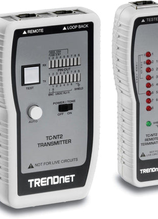 TRENDnet Network Cable Tester, Tests Ethernet, USB and BNC Cables, Accurately Test Pin Configurations up to 300m (984 ft), Local and Remote Testing, Includes BNC to Ethernet Converters, White, TC-NT2