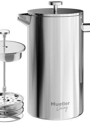 MuellerLiving French Press Coffee Maker 34oz, Stainless Steel French Press Coffee, 4 Filter Heat Resistant Double Insulated, Rust Free, Food Grade, Dishwasher Safe Coffee Pot