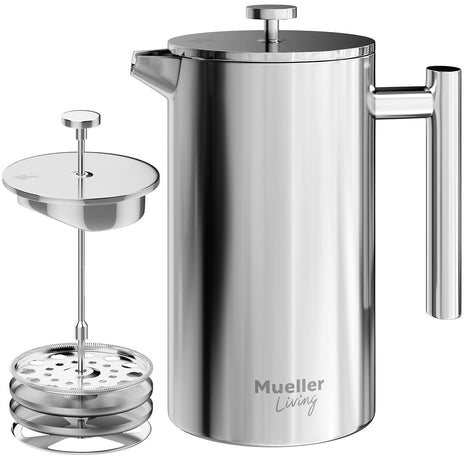 MuellerLiving French Press Coffee Maker 34oz, Stainless Steel French Press Coffee, 4 Filter Heat Resistant Double Insulated, Rust Free, Food Grade, Dishwasher Safe Coffee Pot