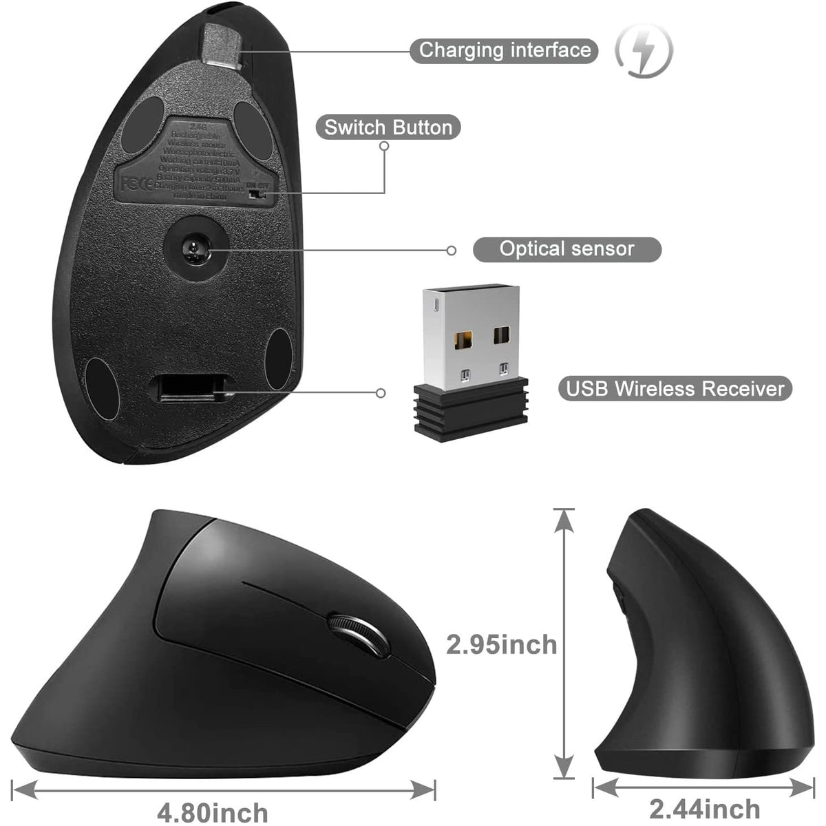 Vassink Ergonomic Mouse, Rechargeable Wireless Mouse, 2.4GHz Rechargeable Wireless Vertical Optical Mice with USB Receiver, 6 Buttons for Laptop, PC, Computer Black