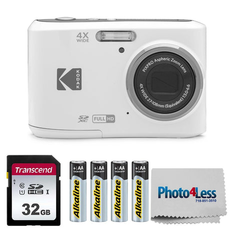 KODAK PIXPRO FZ45 16MP Digital Camera with 4X Optical Zoom 27mm Wide Angle and 2.7" LCD Screen Bundle with 32GB SD Memory Card, AA Batteries (4 Pack), Lens Cleaning Cloth (White)