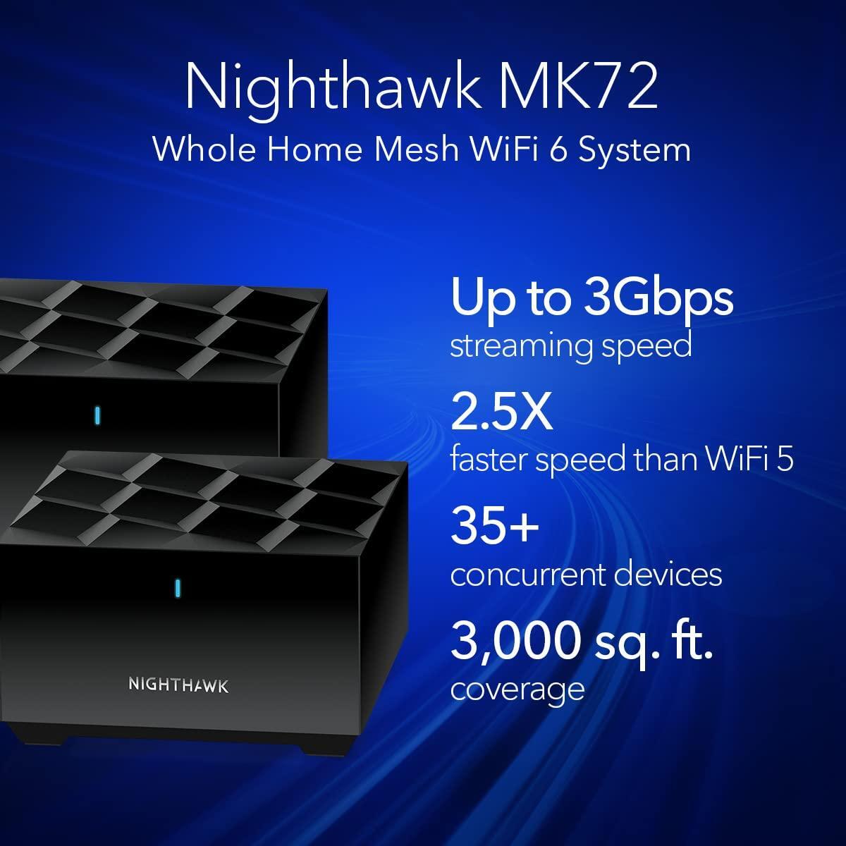 NETGEAR Nighthawk Advanced Whole Home Mesh Dual Band WiFi 6 System (MK72)– AX3000 Router with 1 Satellite Extender, Coverage up to 3,000 sq. ft. and 35+ Devices